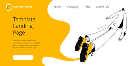 A man in a business suit flies away into the distance. Vector two-color illustration on the topic of leaving business. The template of the first screen for the landing page.のイラスト素材
