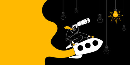 A businessman with a telescope is flying on a rocket among ideas. Vector illustration on the topic...