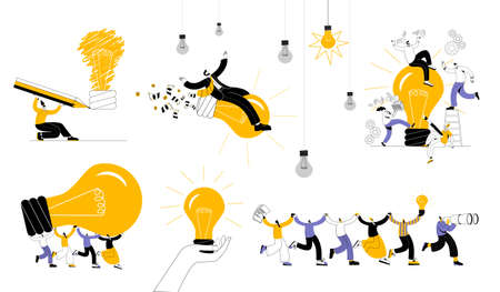 Several men and women in casual clothes are fussing around the switched-on light bulb. A set of vector illustrations on the topic of big ideas and teamwork.のイラスト素材