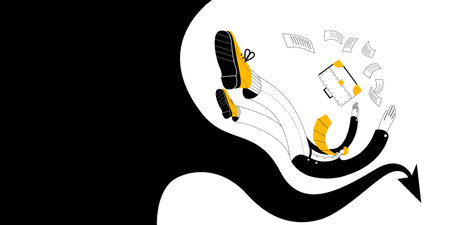 A man in business clothes with a briefcase falls among the documents. Vector two-color illustration...