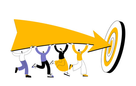 A group of characters carries an arrow pointing to the center of the target. Vector illustration...