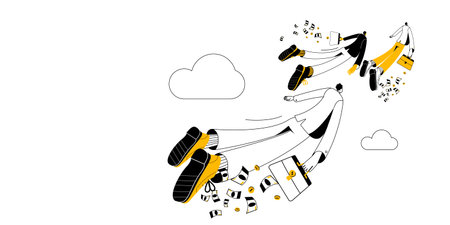 Businessmen with briefcases in a business suit fly away into the distance like migratory birds....