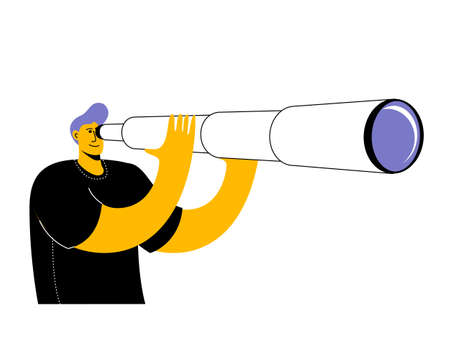 A man in a T-shirt is looking through a telescope. Vector illustration on the topic of search or strategic planning.のイラスト素材