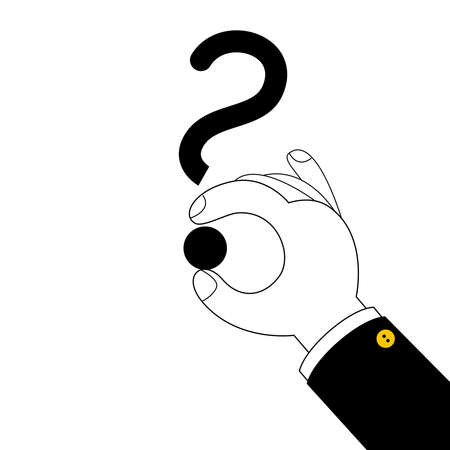 The hand holds a question mark. Vector illustration on the theme of drawing and notes. The icon is in a minimalist style.のイラスト素材