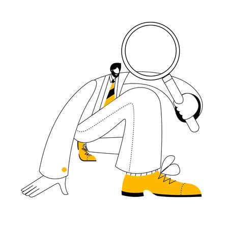 A character with a magnifying glass is looking for something. Vector illustration of a contour style on the topic of searching for information from various sources.のイラスト素材