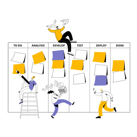 The development team is bustling around the kanban board. Vector illustration on the topic of agile methodology in the work.のイラスト素材