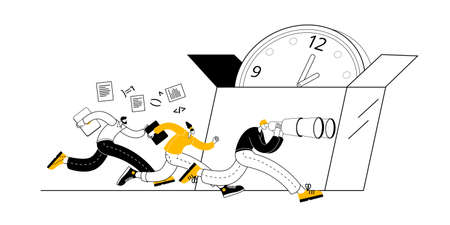 The development team walks past the clock box. Vector illustration on the theme of timeboxing.のイラスト素材