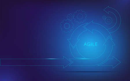 Round neon arrow on the background of gears. Template for a horizontal banner on the theme of agile mettodology of development.のイラスト素材