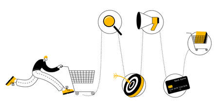 A user with a cart runs along a trajectory with various icons. Vector illustration on the theme of the customer journey.のイラスト素材
