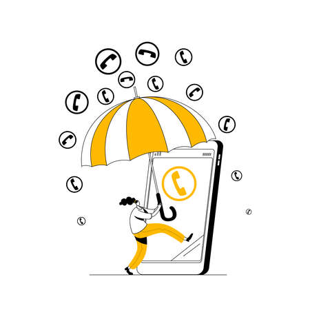 A girl with an umbrella protects her mobile phone from spam calls. The concept of a vector illustration on the topic of protection against phone fraud and spam calls.のイラスト素材