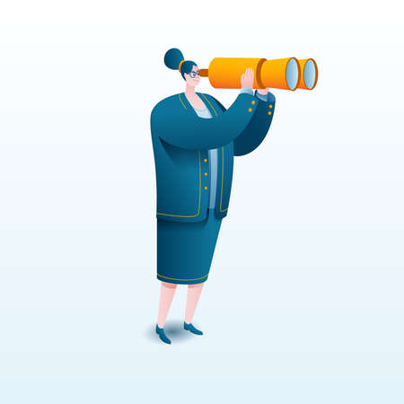 A businesswoman in a business suit looks through a telescope. Vector illustration on the topic of search or strategic planning.のイラスト素材