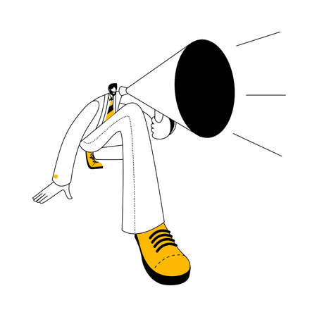 A man in a business suit shouts loudly into a megaphone. Vector illustration on the topic of management and attracting attention.のイラスト素材