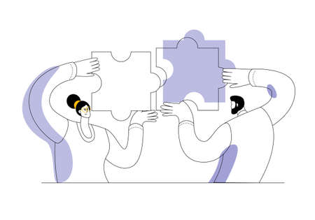The characters connect the pieces of the puzzle. The concept of a vector illustration in a flat style on the theme of connecting parts into a single whole.のイラスト素材