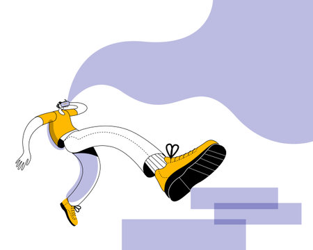 A young man in a virtual reality helmet walks up vertical steps, A vector illustration in a modern flat style on the theme of virtual reality and the metaverse.のイラスト素材