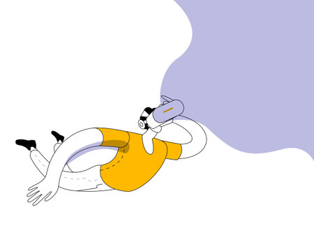 A young man in virtual reality glasses is levitating in the air. Vector illustration in a modern flat style on the theme of virtual reality and the metaverse.のイラスト素材