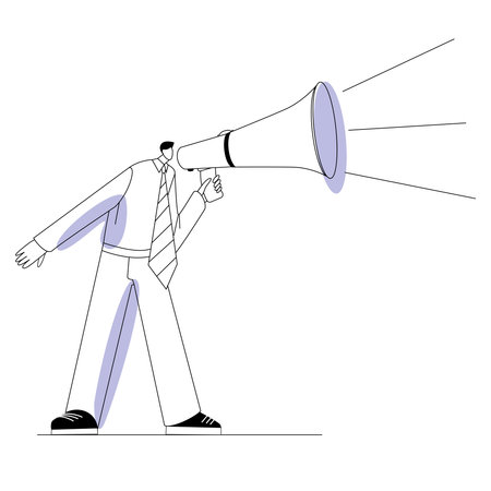 A man in a modern style shouts into a megaphone. Vector illustration on the theme of calling something.のイラスト素材