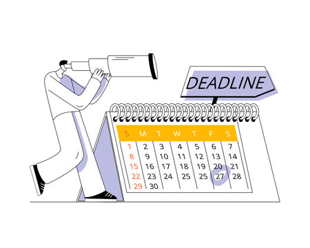 A man with binoculars walks against the background of a calendar and arrows with an inscription. Vector illustration in the style of sketches on the topic of time management.のイラスト素材