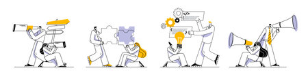 A team of specialists is looking for something, assembling a puzzle, shouting into megaphones. A set of vector business illustration in a simple style.のイラスト素材