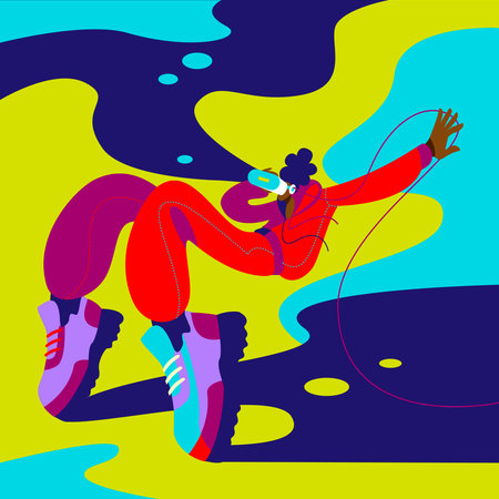 A young man in virtual reality glasses is levitating in the air. Vector illustration in a modern fluid flat style on the theme of virtual reality and the metaverse.のイラスト素材