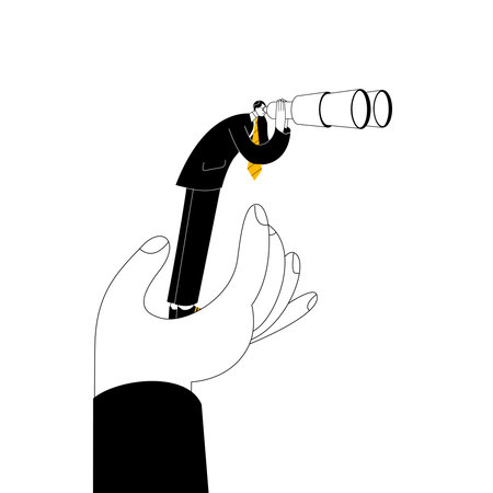 A large hand is holding a man who is looking through binoculars. Vector illustration on the topic of help in finding prospects.のイラスト素材
