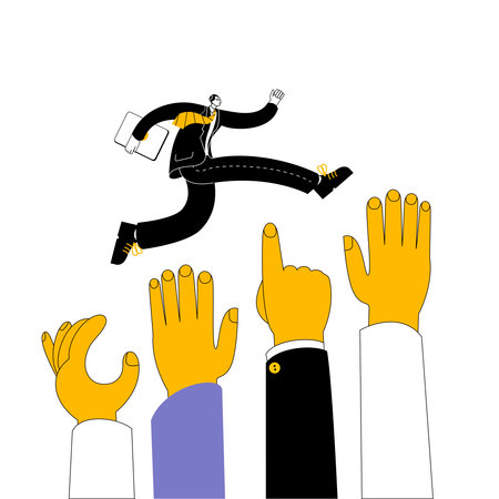 A businessman in a business suit runs through the hands of support. Vector illustration on the topic of helping the movement to success in business.のイラスト素材