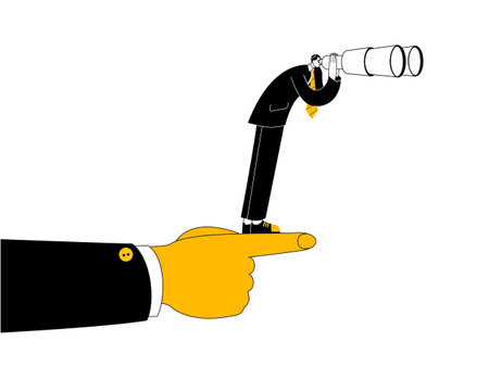 A large hand is holding a man who is looking through binoculars. Vector illustration on the topic of help in finding prospects.のイラスト素材