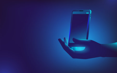 The hand holds a levitating mobile phone. Vector illustration in neon blue tones. Horizontal banner template.のイラスト素材