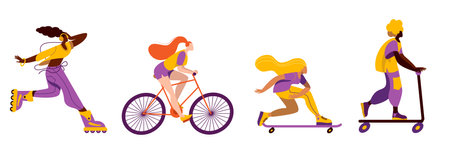 Girls ride roller skates, bicycles, scooters and skateboards. A set of vector illustrations with characters.のイラスト素材