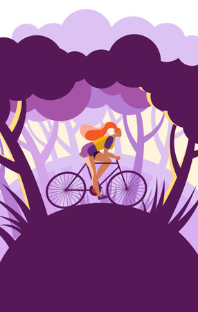 A beautiful girl in shorts rides a bike through the forest. Illustration on the theme of spring and bicycles. Template for the cover.のイラスト素材