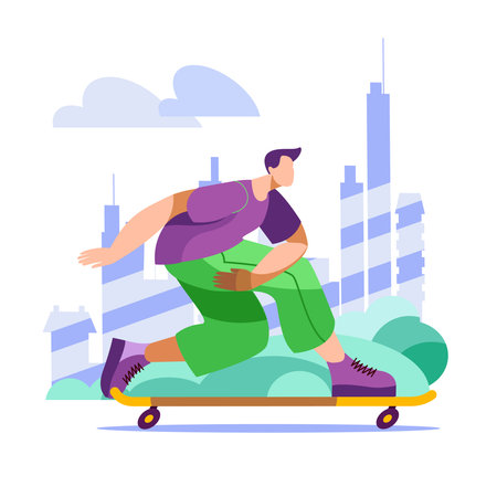 A man in bright clothes quickly rides a skateboard against the background of the city. Vector illustration in a flat style.のイラスト素材