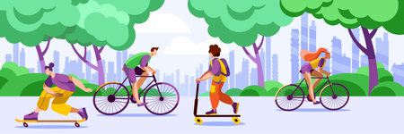 Characters ride a skateboard, bicycles and scooters in a park against the backdrop of a modern city. Horizontal banner in a flat style on the theme of spring sports.のイラスト素材
