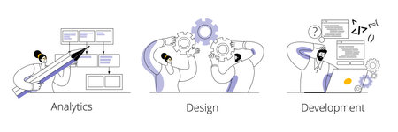 The team of characters develops the interaction scheme, develops the product architecture and programs. The concept of a vector illustration on the topic of team development of mobile applications.のイラスト素材