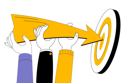 Hands of different colors carry an arrow pointing to the center of the target. The concept of a vector illustration on the topic of teamwork to achieve results.のイラスト素材