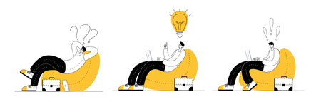 A thoughtful man with a laptop is sitting in a bag chair. An inspired man works hard with a laptop. Vector character in a flat style on the topic of remote employees and work from home.のイラスト素材