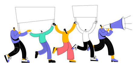 A column of demonstrators with banners steps forward. Vector illustration in funny style.のイラスト素材