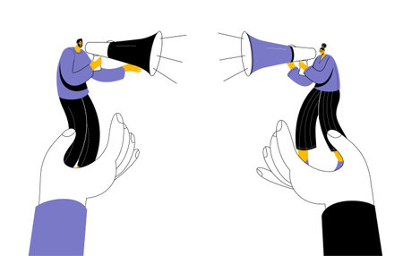 A man and a woman are arguing in megaphones. Vector illustration in outline style on the theme of equality between men and women.のイラスト素材