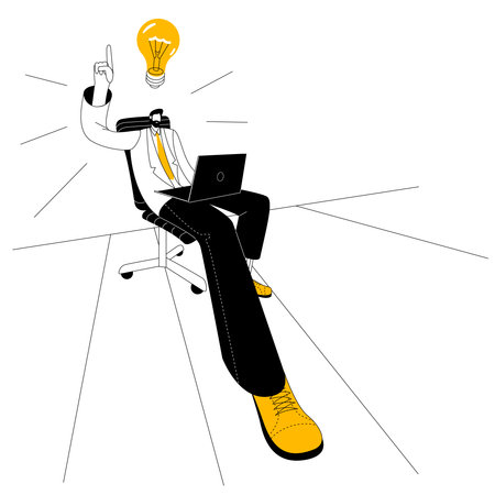 A man in business clothes is sitting in an office chair and thinking about an idea in the form of an electric light bulb. Vector illustration for big ideas.のイラスト素材