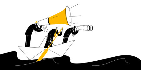 Top managers of the company in business suits are sailing on a paper boat. Vector illustration dedicated to company management and crisis management.のイラスト素材