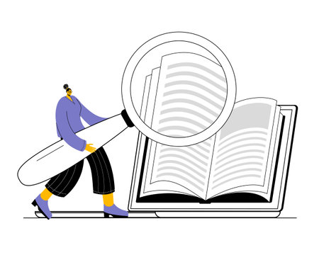 A girl with a magnifying glass on a laptop is reading an open book on the screen. An illustration in contour style on the topic of e-education.のイラスト素材