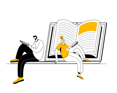 The characters are sitting on a laptop with an open book on the screen. Vector illustration on the topic of online education.のイラスト素材