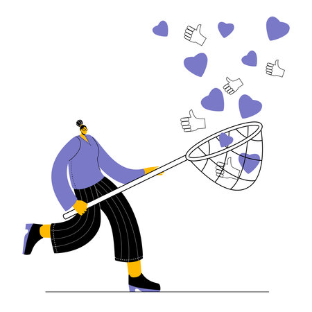 A blogger with a net catches likes and hearts. Vector illustration on the topic of promotion in social networks.のイラスト素材