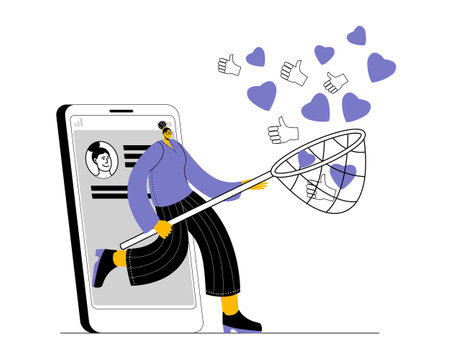 A blogger comes out of a smartphone with a network and catches likes and hearts. Vector illustration on the topic of promotion in social networks.のイラスト素材