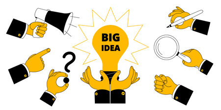 A set of illustrations depicting a hand and various business accessories. Vector illustration in contour cartoon style.のイラスト素材