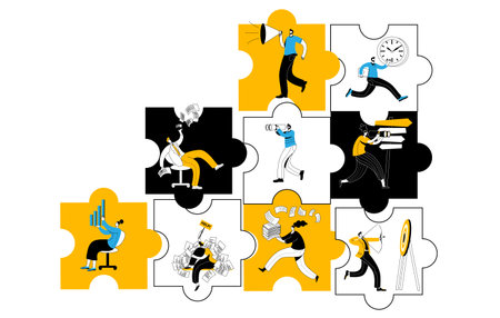 Various characters are doing business in the puzzle pieces. Vector illustration on the topic of interaction between departments and teamwork.のイラスト素材