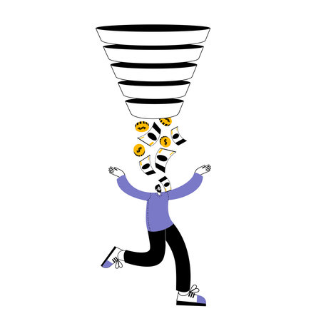A happy character with a sales funnel over his head from which money is pouring out. Vector illustration on the theme of promotion and sales in social networks.のイラスト素材