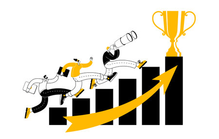 Characters running briskly along the histogram to the Gold Cup. Vector illustration on the theme of teamwork in sales and success.のイラスト素材