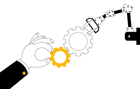A human hand and a robot hand assemble parts of a mechanism. Artificial intelligence and humans working together. Vector illustration on the theme of human-robot interaction in solving work tasks.のイラスト素材