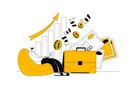 A man sits with his laptop. Collecting a portfolio of stocks and securities. Vector illustration. Passive income. Vector illustrationのイラスト素材