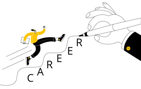 A girl in casual clothes with a laptop in her hands is running up the career ladder, which is drawn by a large rka. Vector illustration of career counseling and building a successful career.のイラスト素材