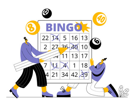 The characters fill out a bingo card. Prize drawing. Vector illustration in a modern style.のイラスト素材